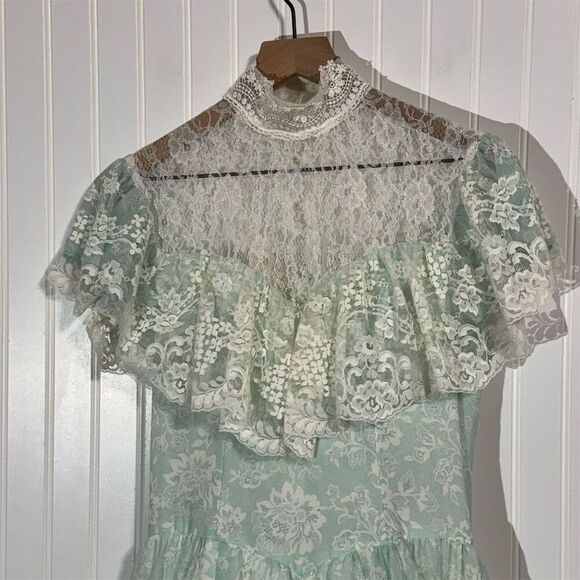 Gunne Sax Jessica McClintock Mint Lace Prairie Dress S Vintage Cottagecore Gown - Picture 3 of 10